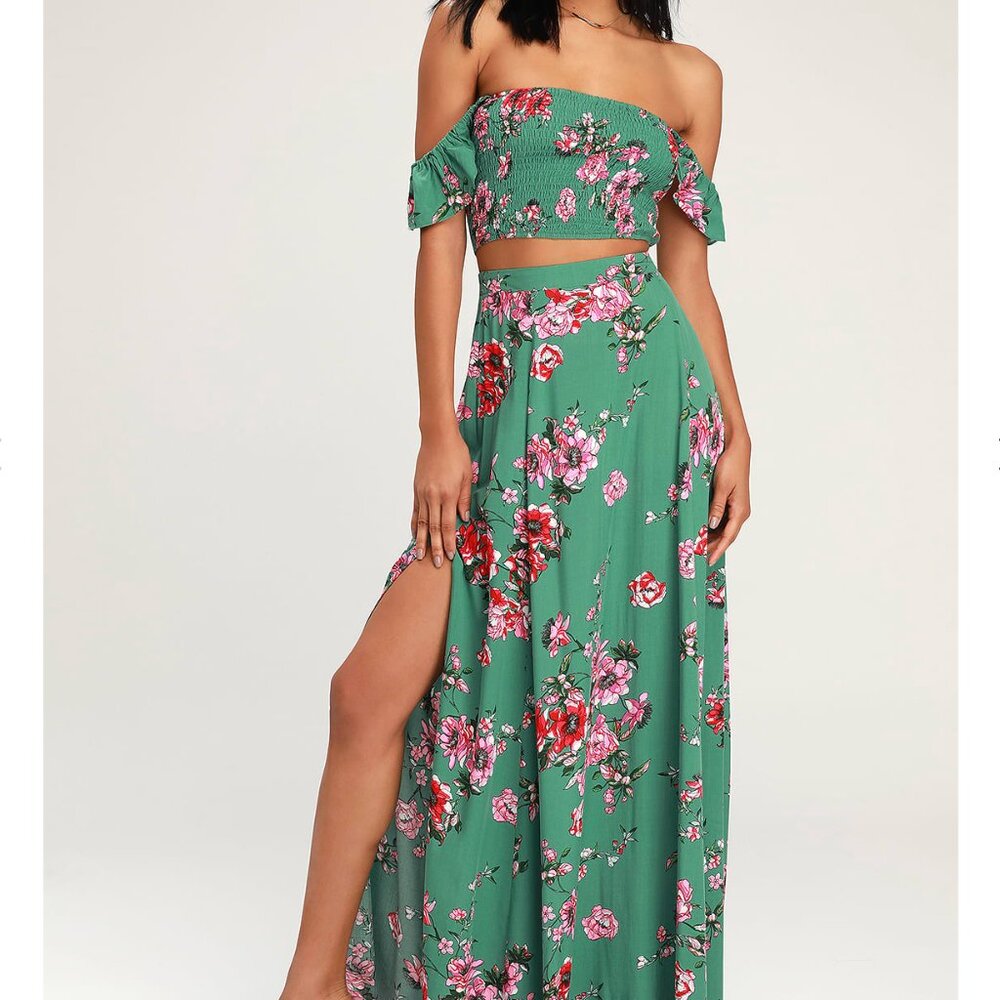 Lulus Away On Vacay Green Floral Print Two-Piece Maxi Dress - NWT